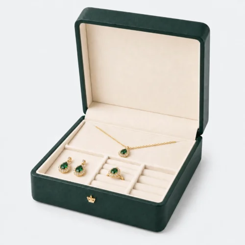 Open custom green genuine leather jewelry box with fitted set compartments Open custom green genuine leather jewelry box with fitted set compartments