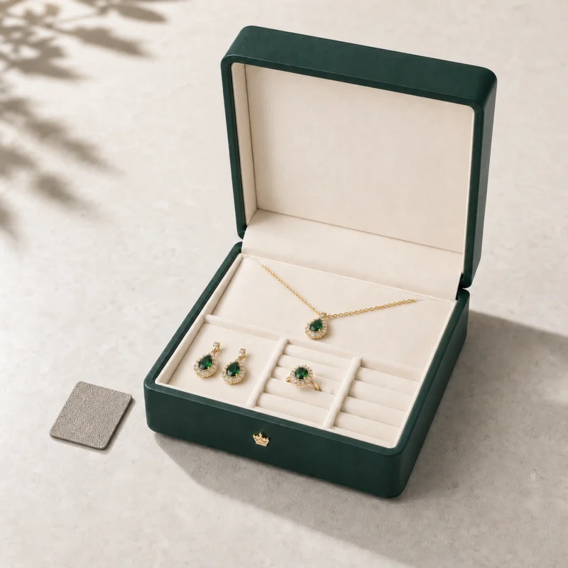 Custom green jewelry set box in a pale stone showroom scene