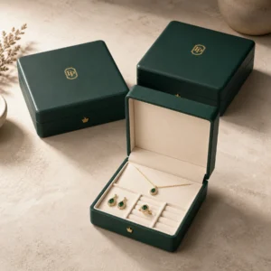 Coordinated green leather jewelry box packaging family for retail display