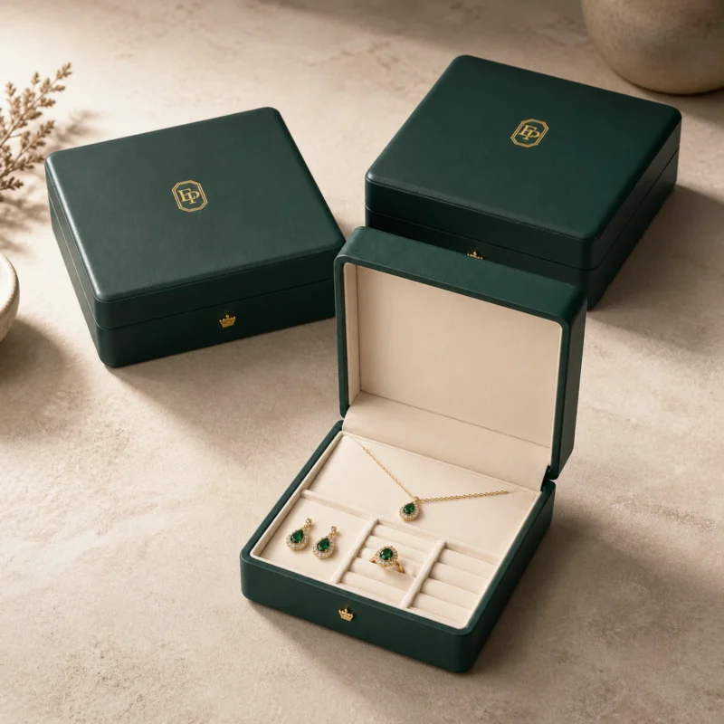 Coordinated green leather jewelry box packaging family for retail display