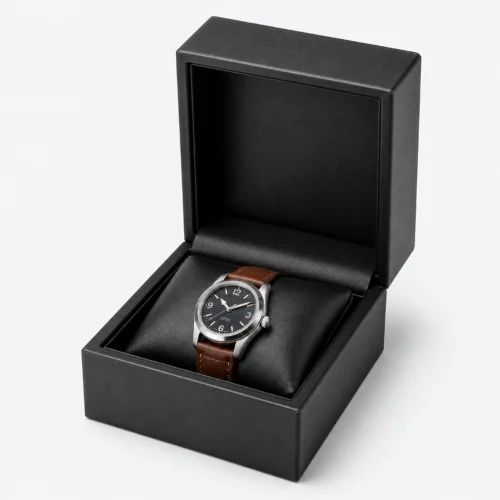 Open custom black genuine leather watch box with a fitted black pillow