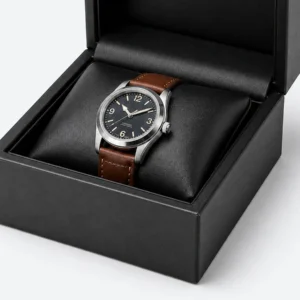 Classic watch secured around the fitted black presentation pillow