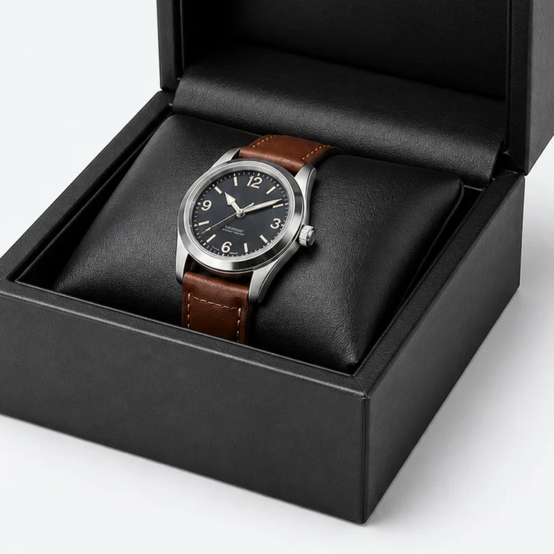 Classic watch secured around the fitted black presentation pillow