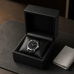 Custom black watch box in a refined boutique counter scene