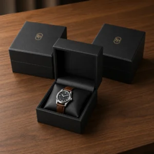 Coordinated black genuine leather watch box assortment on walnut