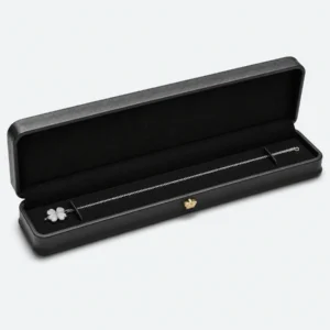 Open long black genuine leather necklace box with a fitted black insert Open long black genuine leather necklace box with a fitted black insert