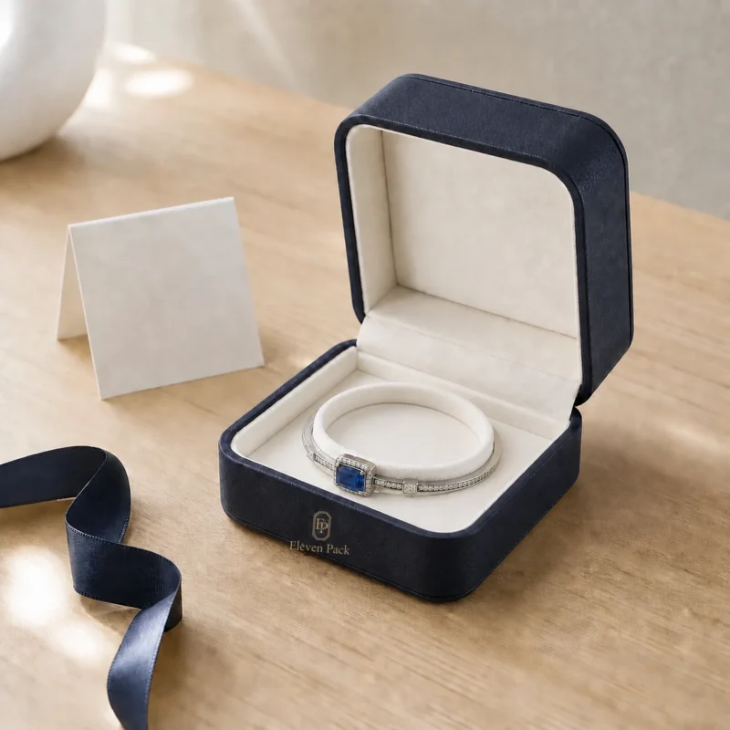 Custom dark blue bangle box in a light oak gift display scene