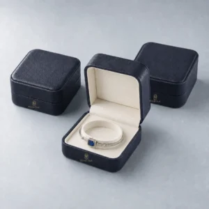 Coordinated dark blue leather bangle box packaging family
