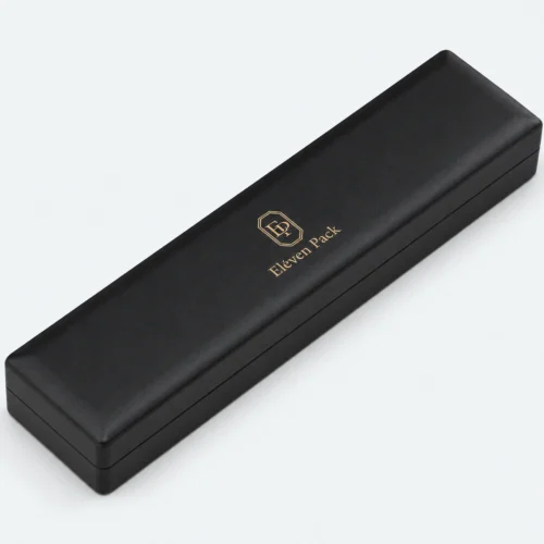 Closed black leather LED bracelet box with centered gold logo