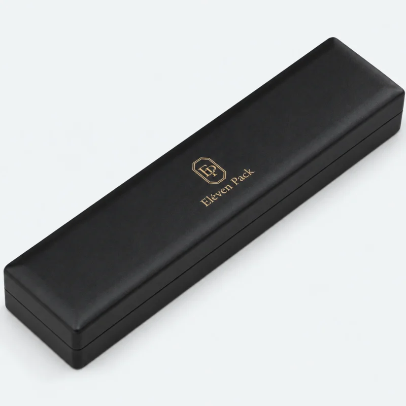 Closed black leather LED bracelet box with centered gold logo