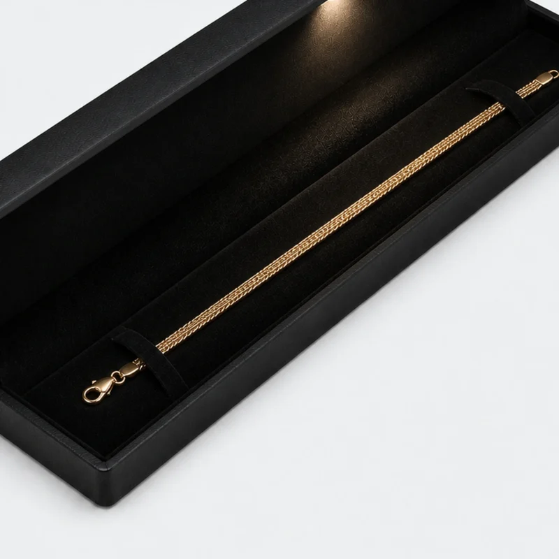 LED illumination and bracelet retention detail inside a long black box