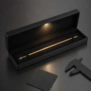 Custom LED bracelet box in a technical B2B sample review scene