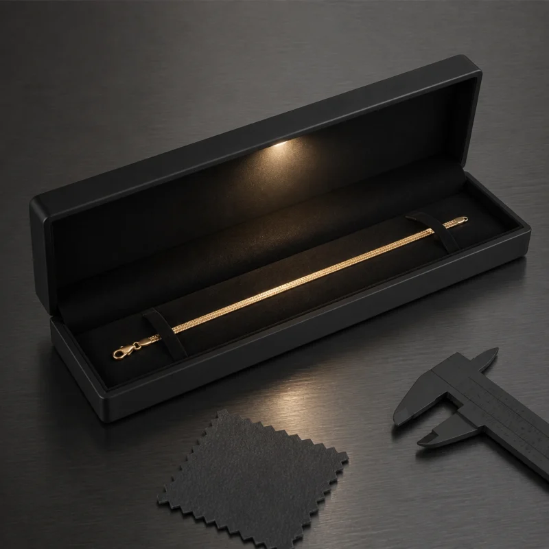 Custom LED bracelet box in a technical B2B sample review scene