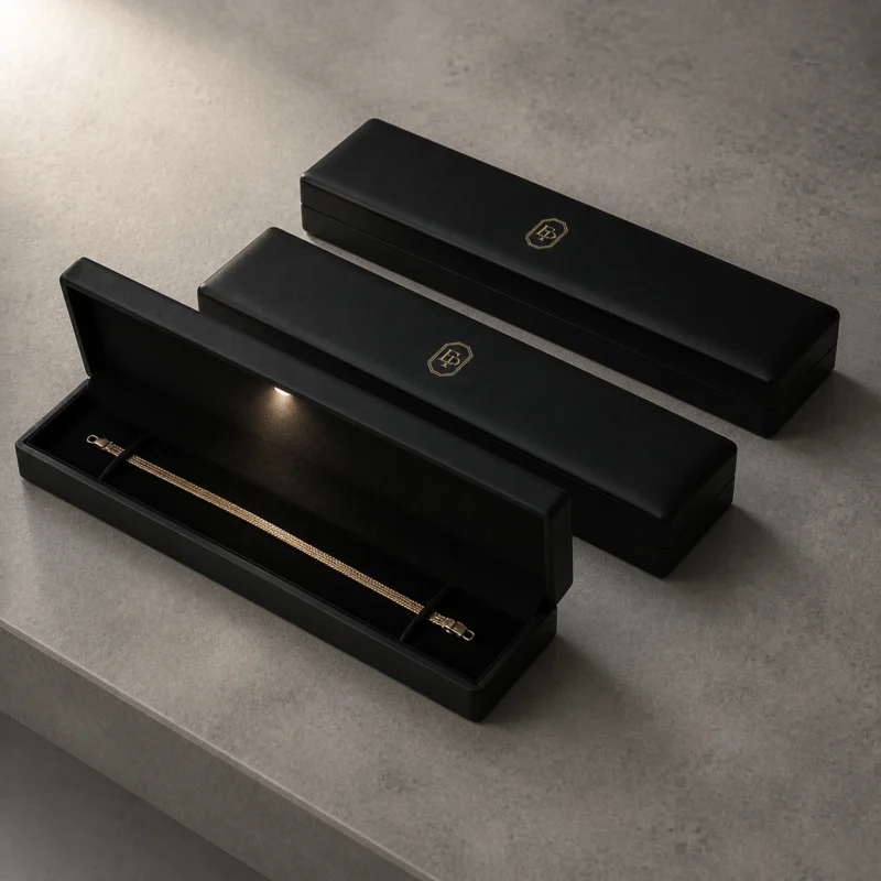 Coordinated black leather LED bracelet box packaging system