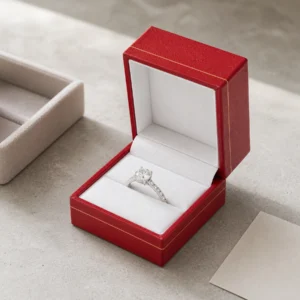 Custom red ring box in a refined jewelry gifting scene