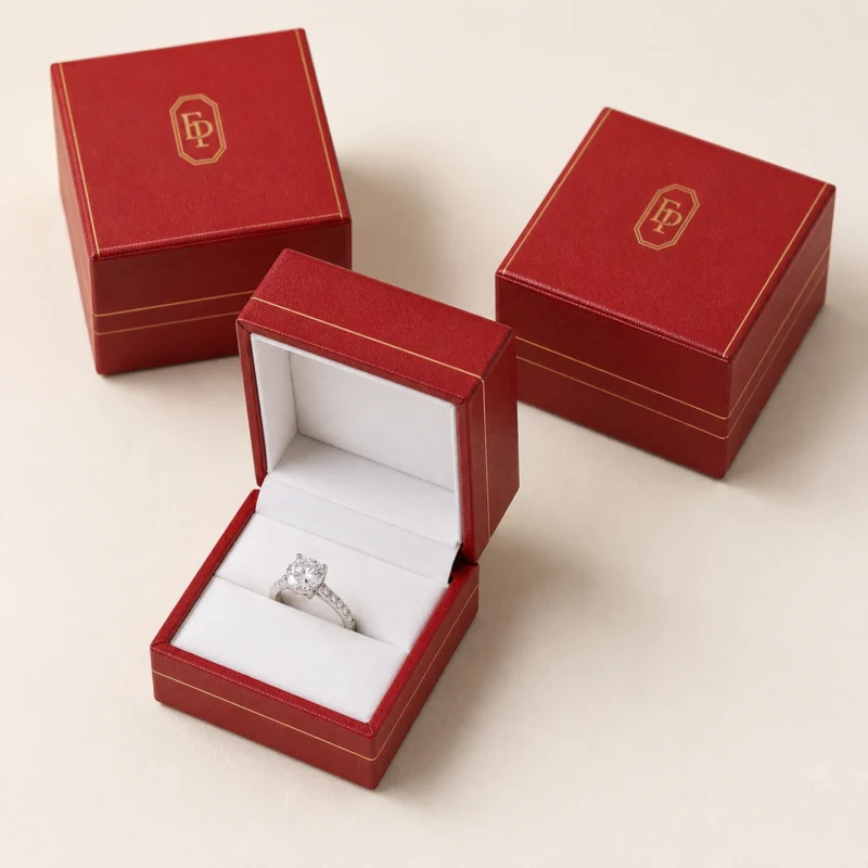 Coordinated red leather ring box packaging system for jewelry brands