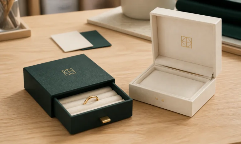 Open drawer ring box beside an ivory hinged magnetic jewelry box on a packaging design table.