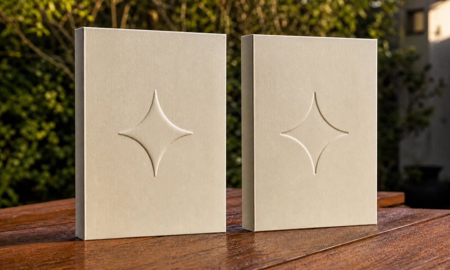 Matching ivory packaging samples compare raised embossing with recessed debossing under side light.