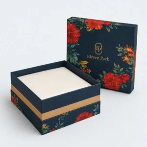Open navy floral paper lid-and-base gift box with cream insert