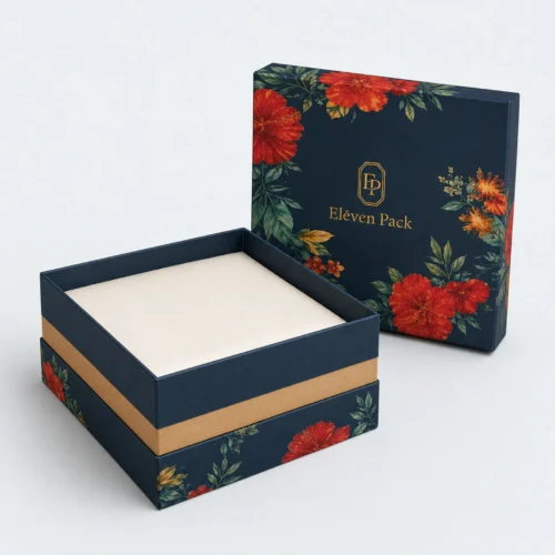 Open navy floral paper lid-and-base gift box with cream insert