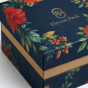 Close-up of floral paper wrap on a navy rigid gift box