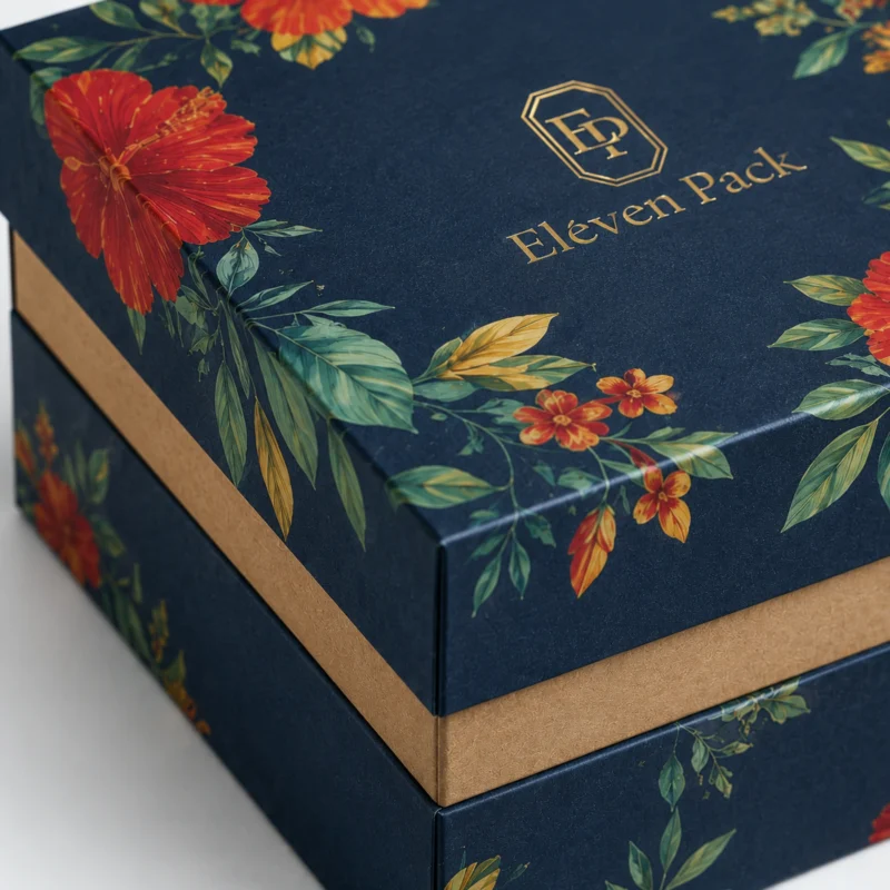 Close-up of floral paper wrap on a navy rigid gift box