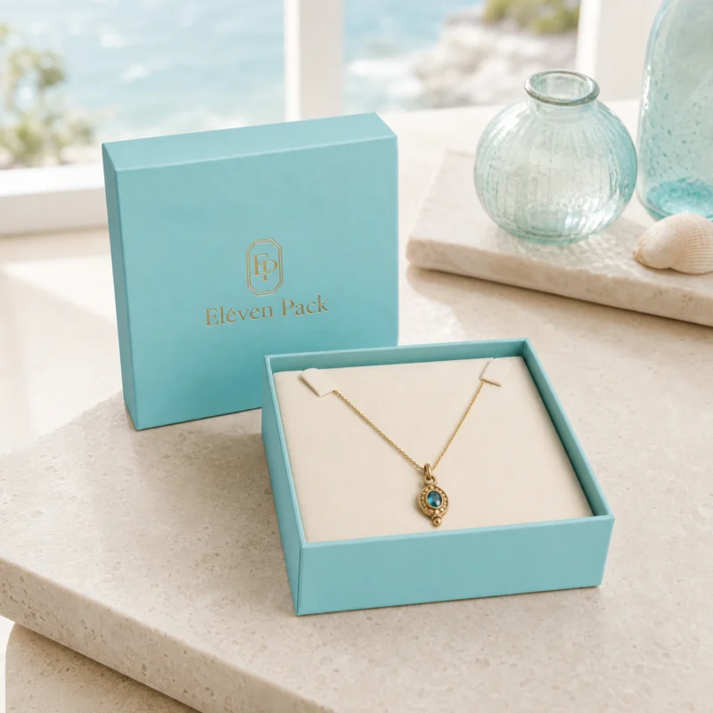 Open turquoise jewelry gift box on a coastal boutique counter