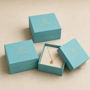 Three turquoise jewelry gift boxes in open and closed states