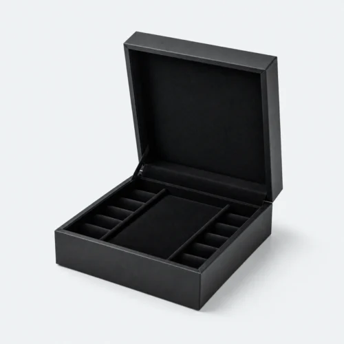 Open black hinged jewelry presentation box with multi-slot insert Open black hinged jewelry presentation box with multi-slot insert