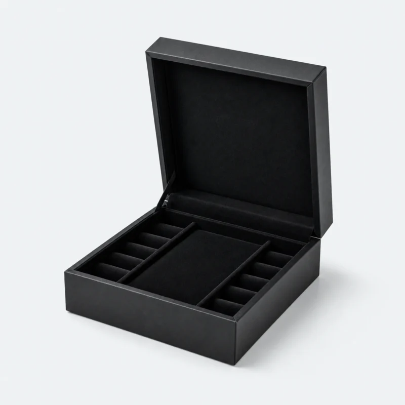 Open black hinged jewelry presentation box with multi-slot insert