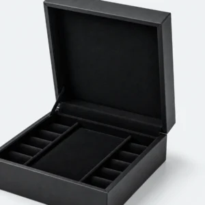 Close-up of the black hinged lid and wrapped paper edges
