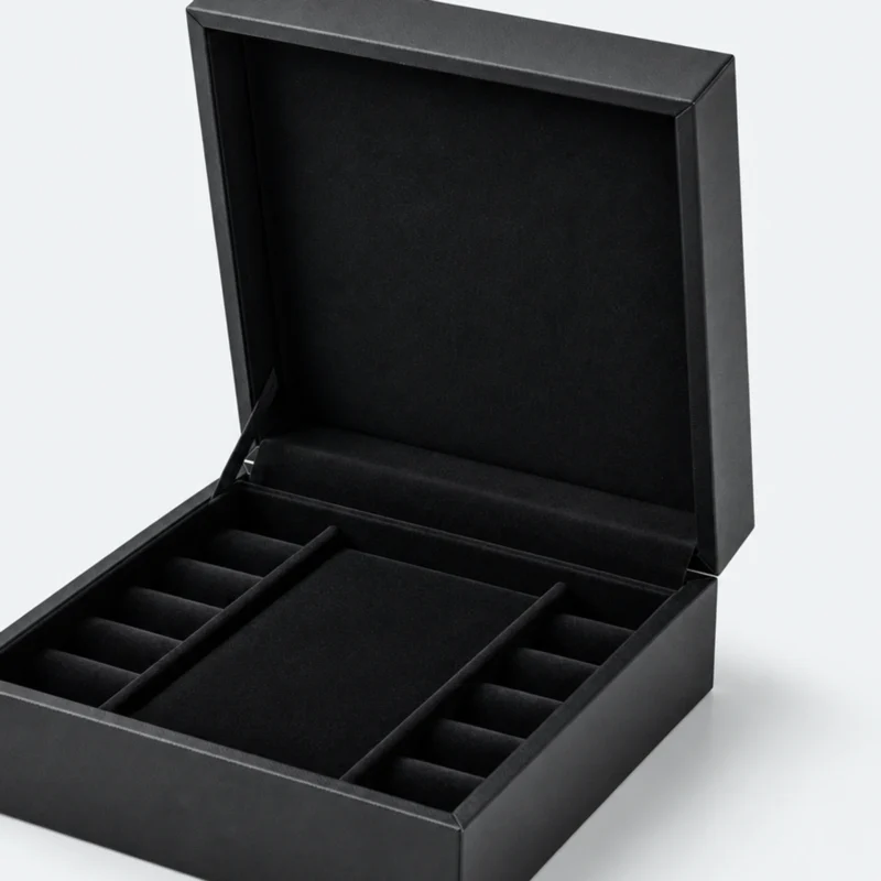Close-up of the black hinged lid and wrapped paper edges