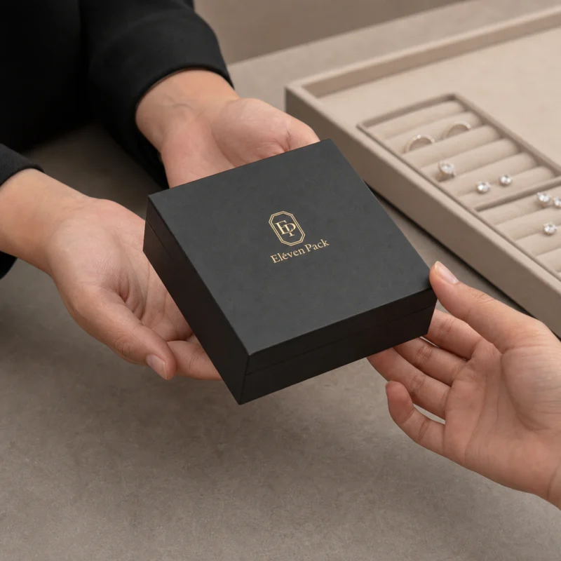 Closed black jewelry box being handed across a showroom counter
