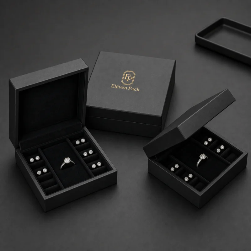 Three black hinged jewelry boxes with matching multi-slot inserts