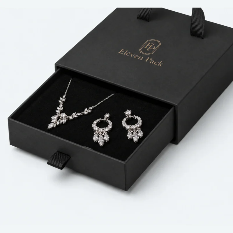 Black fitted jewelry insert holding a necklace and matching earrings