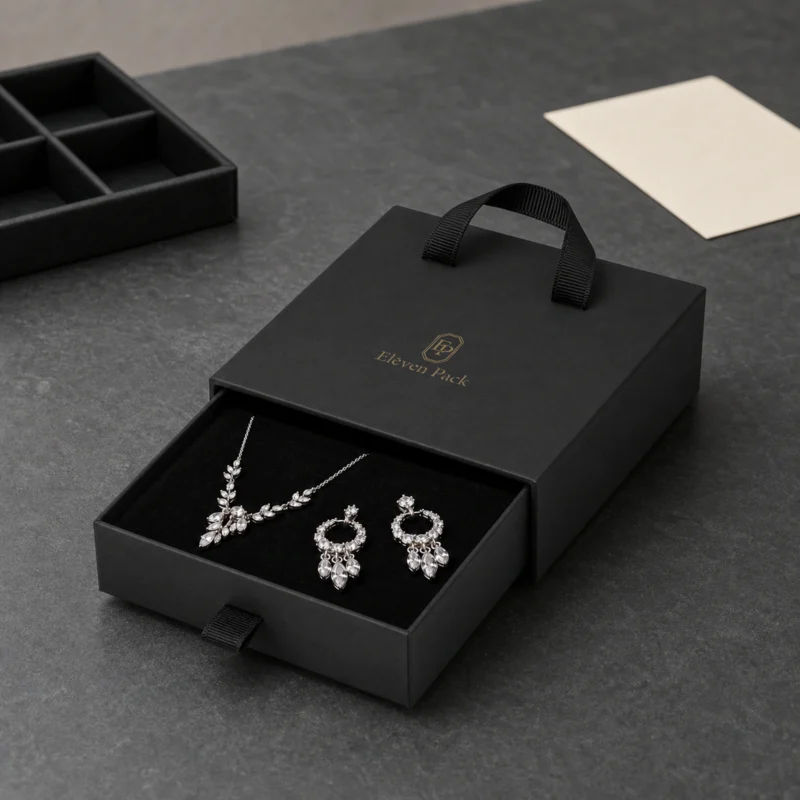 Black drawer jewelry box on a dark boutique sample table