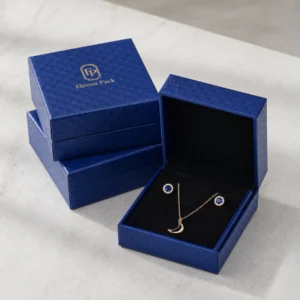 Open and closed blue hinged jewelry boxes in a sample set