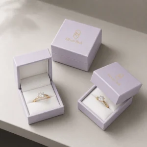 Three pale lilac hinged ring boxes in open and closed states