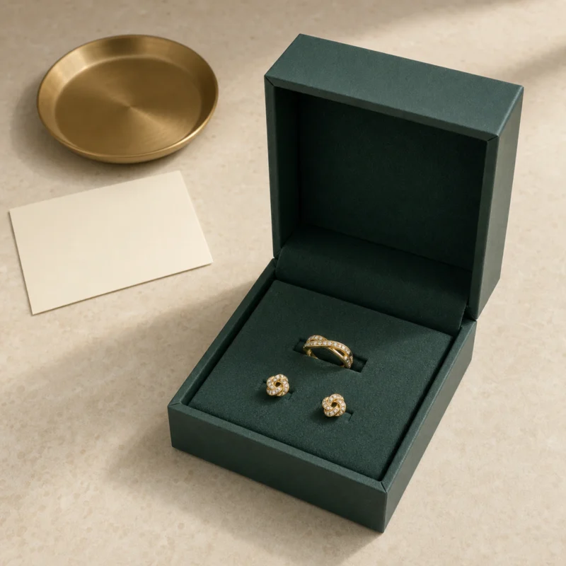 Open green jewelry box on warm limestone with a brass tray