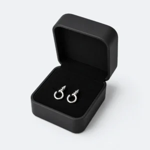 Open black rounded earring box with matching silver hoop earrings