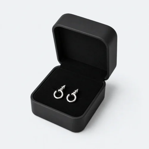 Open black rounded earring box with matching silver hoop earrings