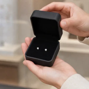 Open black earring box held in a boutique setting