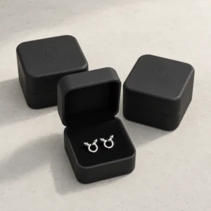 Three black rounded earring boxes on pale concrete