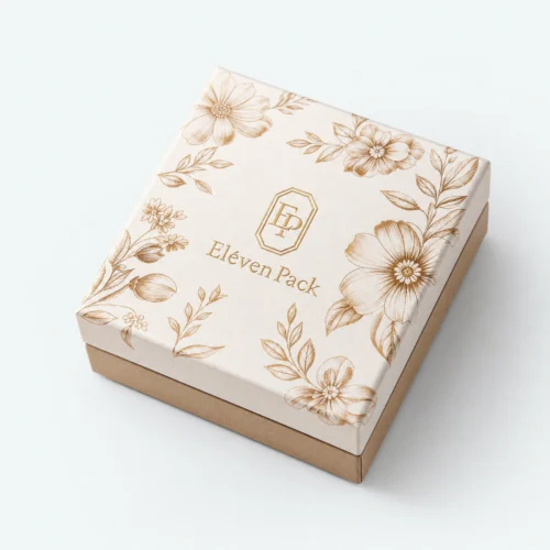 Closed cream floral earring box with a warm tan drawer