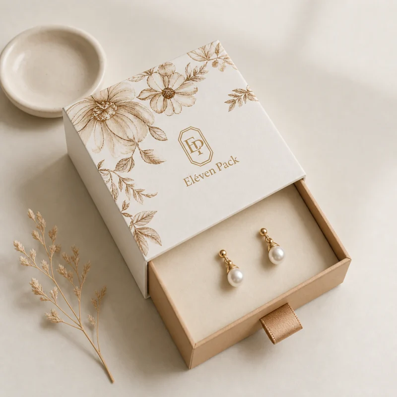 Floral drawer earring box on a minimal off-white table