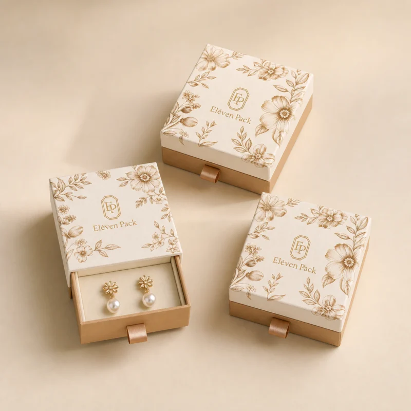 Three coordinated floral drawer earring boxes on a beige backdrop