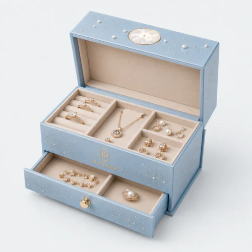 Open blue jewelry organizer with a hinged top and single drawer