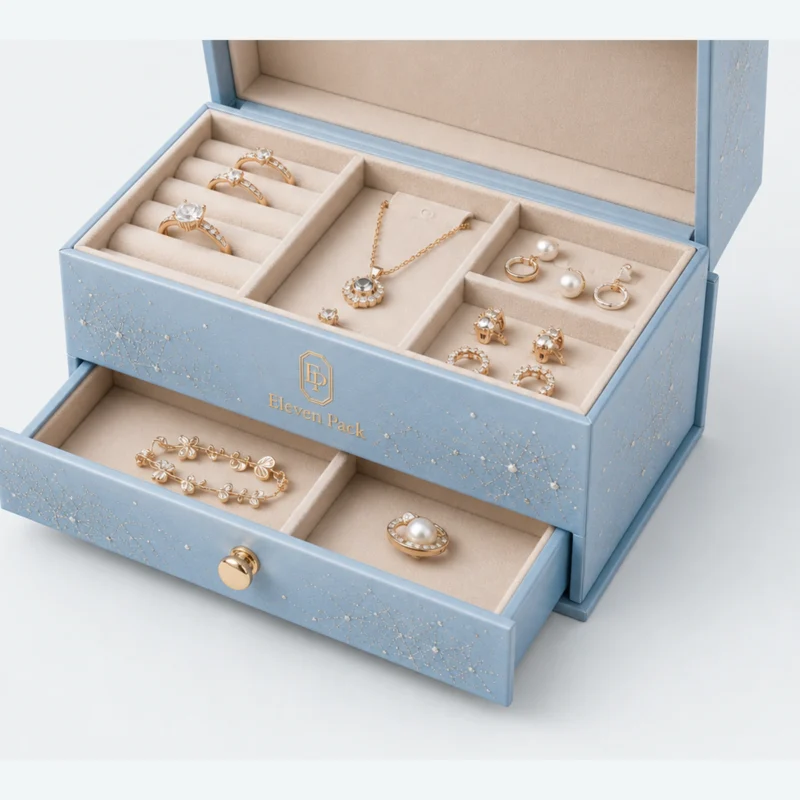 Close-up of cream jewelry compartments and ring rolls