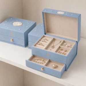 Open blue jewelry organizer on a pale sample-review table
