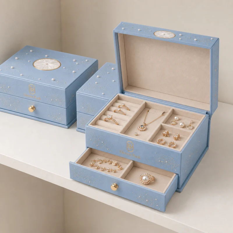 Open blue jewelry organizer on a pale sample-review table